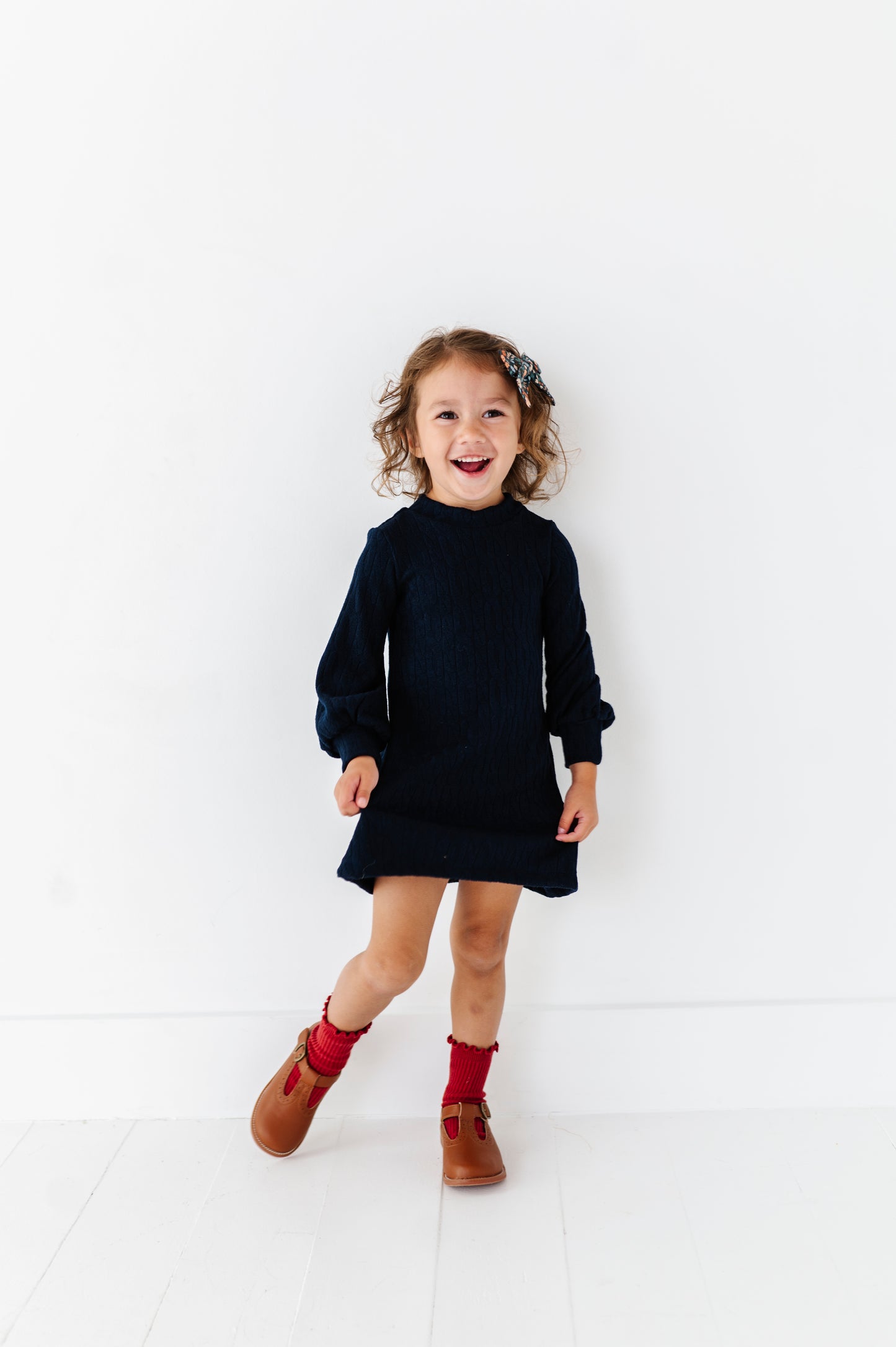 Cable Knit Sweater Dress-Navy Blue
