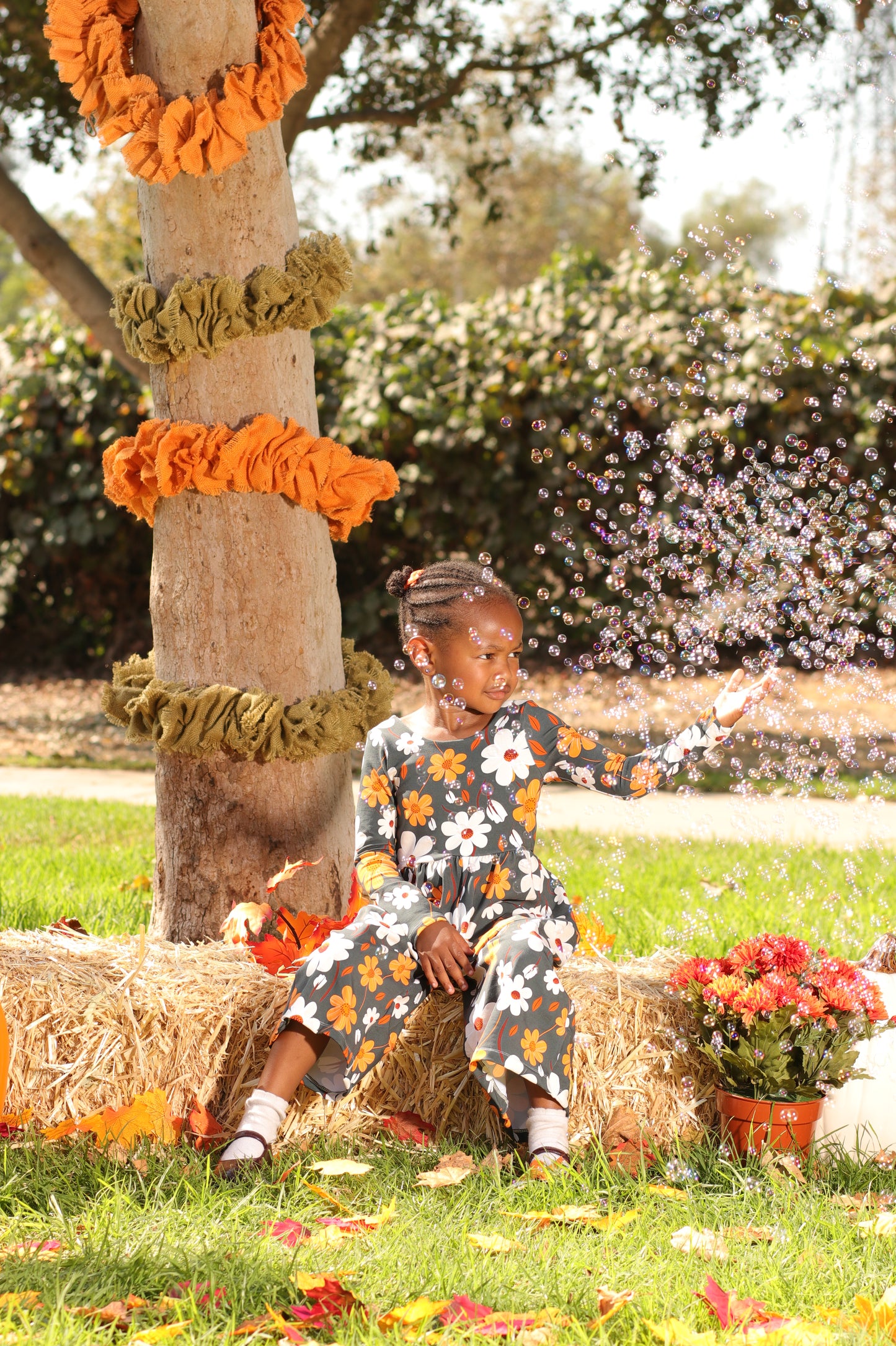 Cropped Pants Romper- Blue Fall Flowers