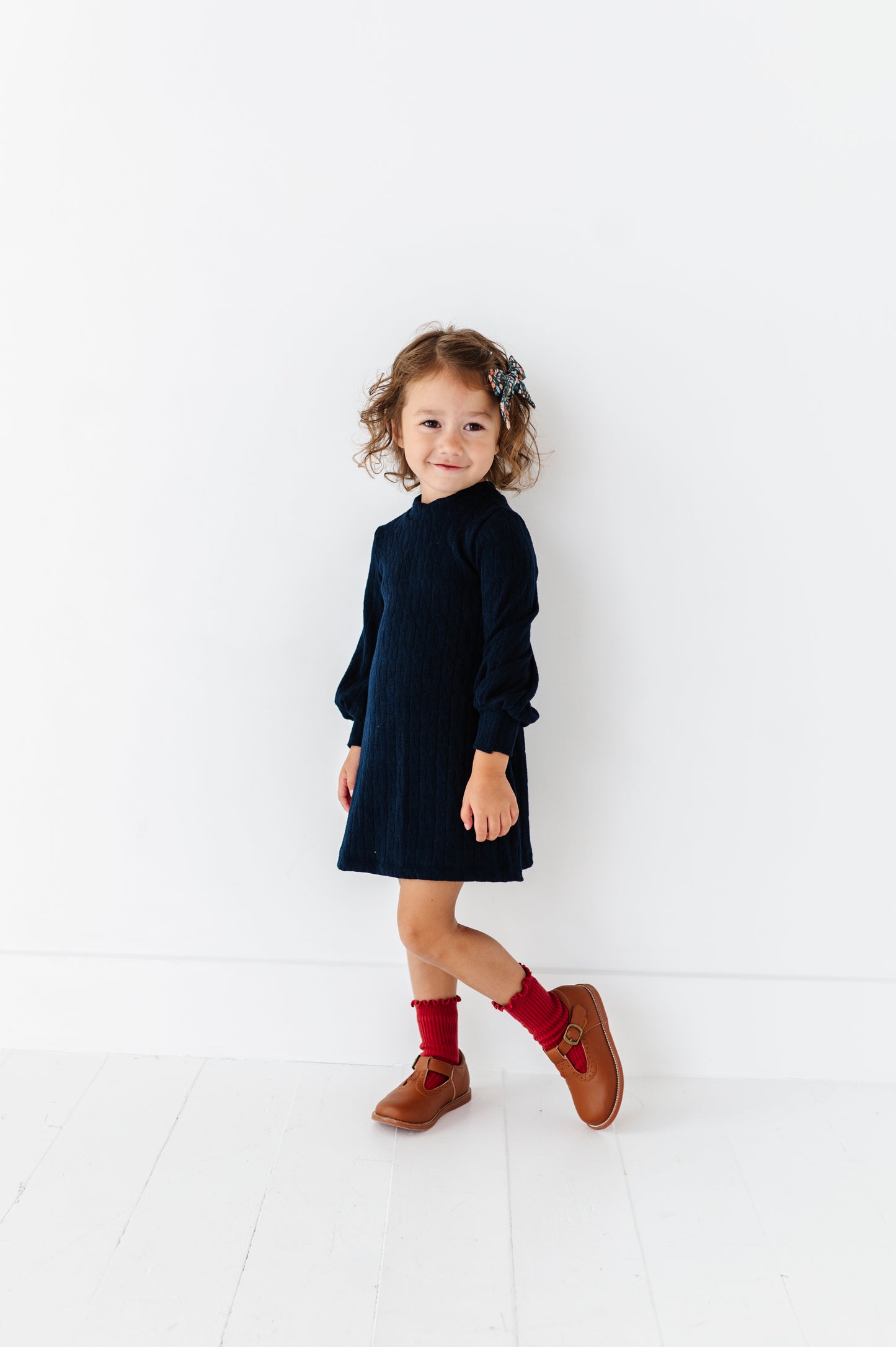 Cable Knit Sweater Dress-Navy Blue