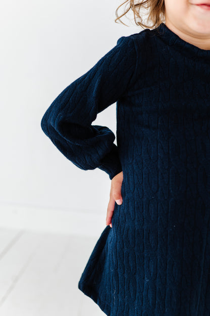 Cable Knit Sweater Dress-Navy Blue