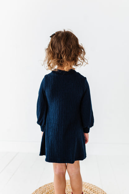 Cable Knit Sweater Dress-Navy Blue