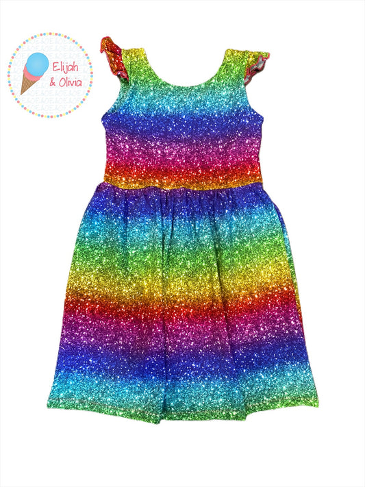 Flutter Sleeve Dress- Rainbow Glitter