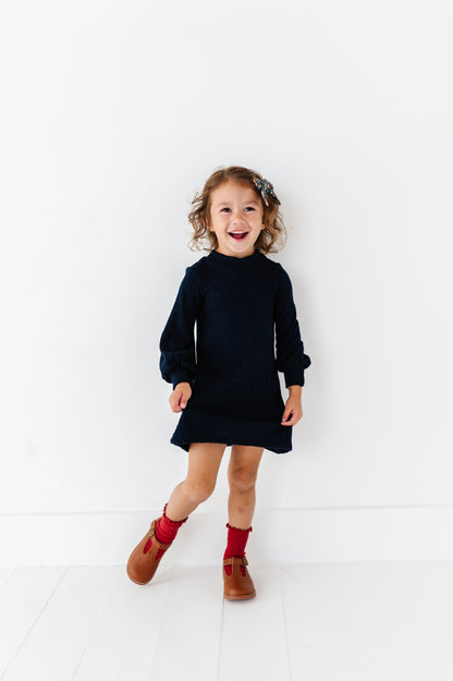 Cable Knit Sweater Dress-Navy Blue