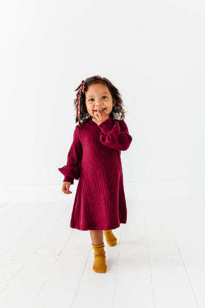 Cable Knit Sweater Dress-Maroon