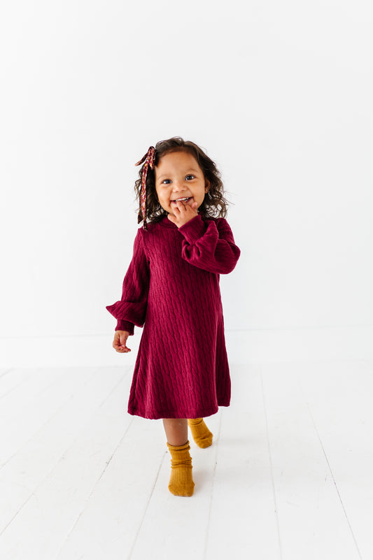 Cable Knit Sweater Dress-Maroon