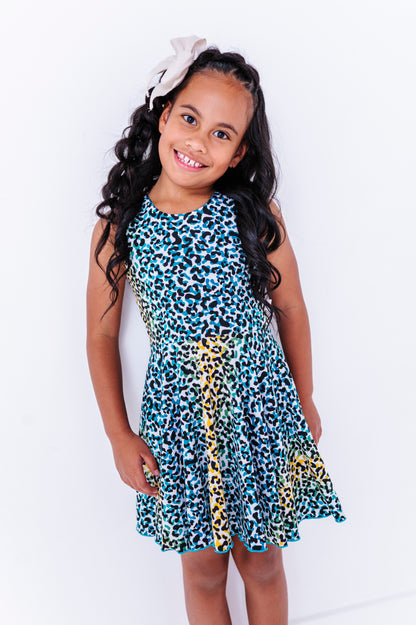 Chloe Tank Dress- Blue, Green, Yellow Cheetah