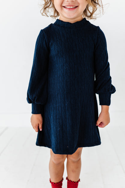 Cable Knit Sweater Dress-Navy Blue