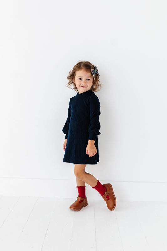 Cable Knit Sweater Dress-Navy Blue